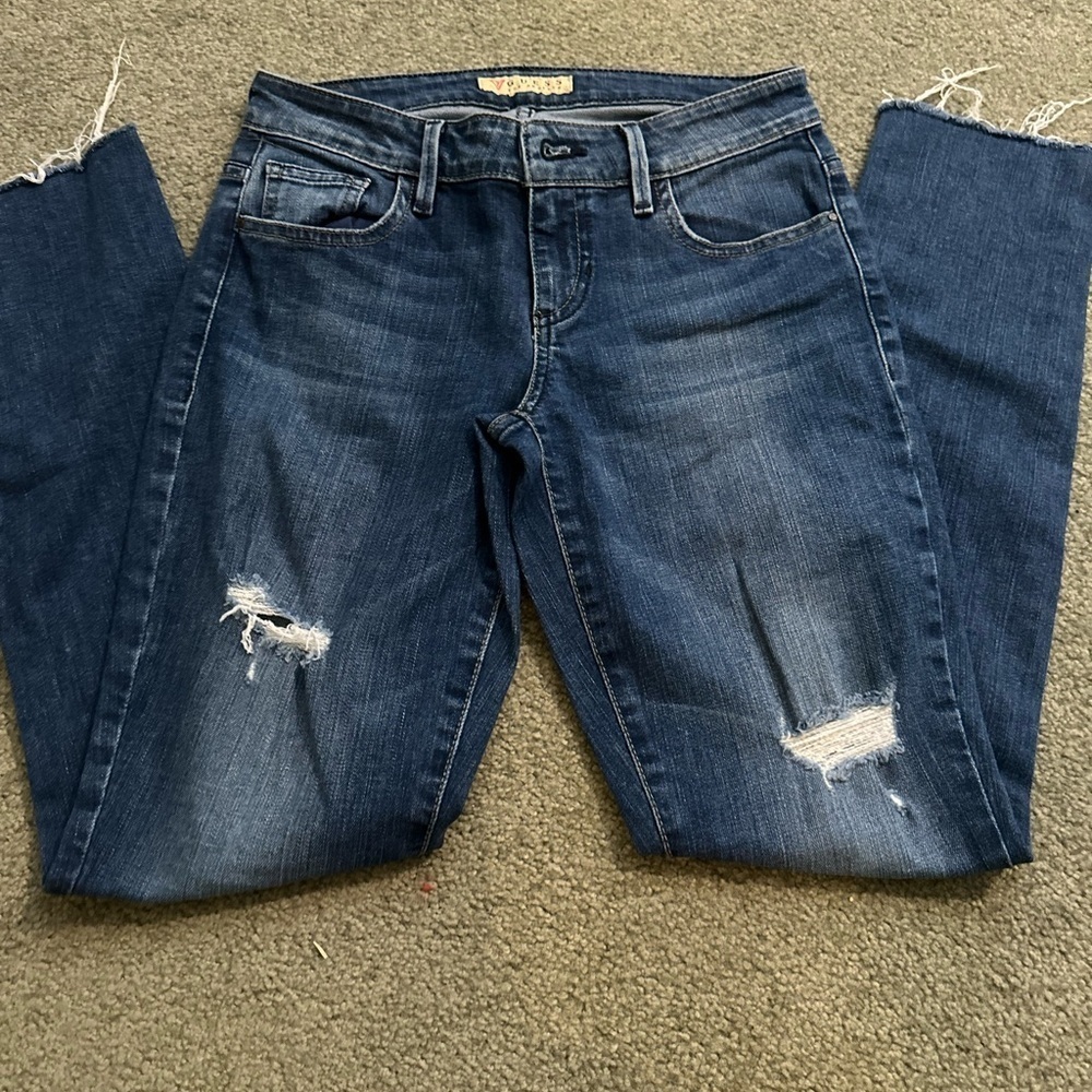 Guess Women's Dark Blue Distressed Boyfriend Jeans